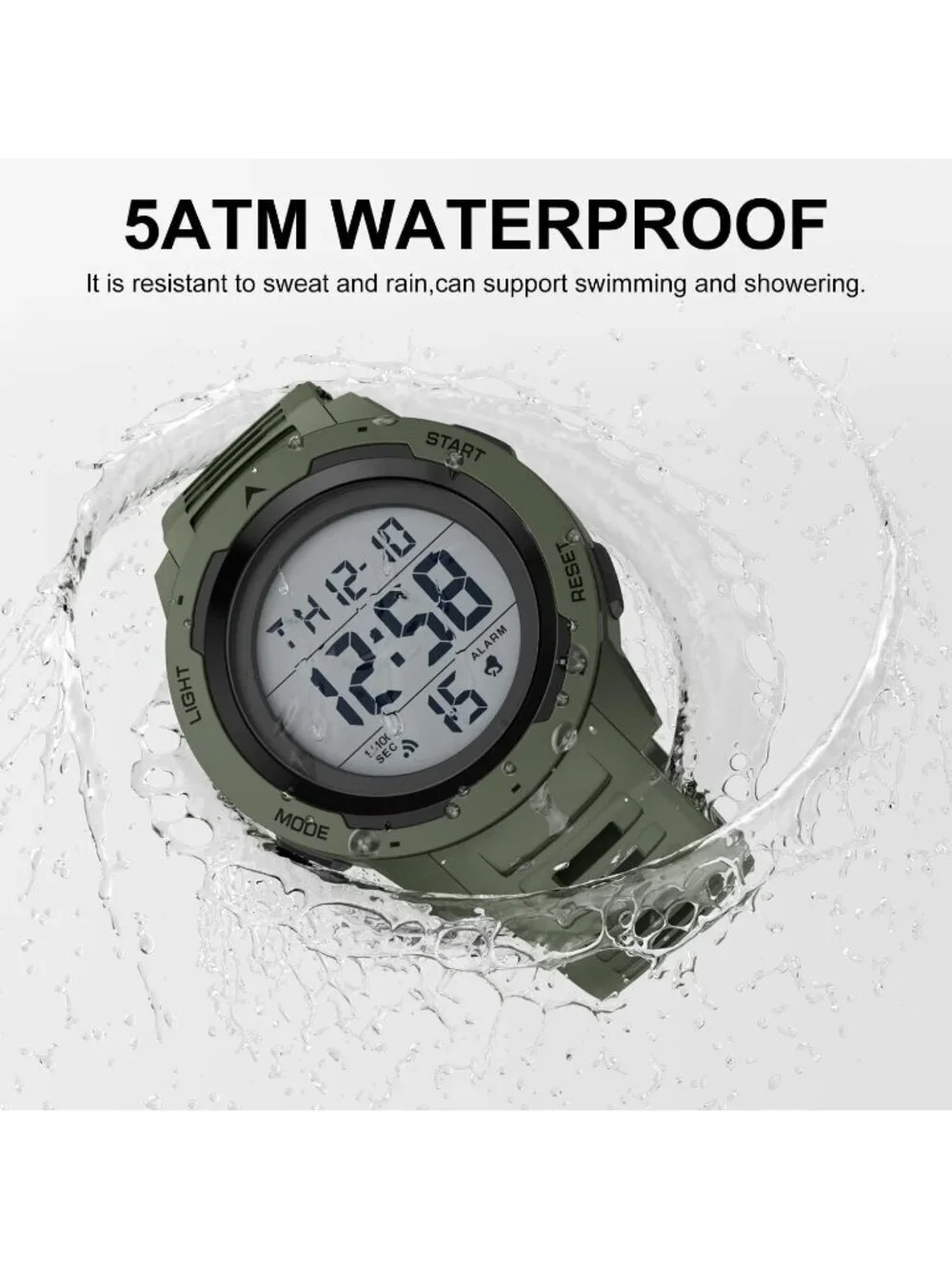 Men's All Green Analog Quartz Rubber Strap Military Waterproof LED Digital Watch